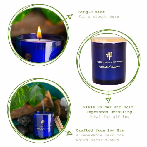 Nicola Spring Patchouli & Rosewood Scented Soy Wax Candle in Blue Glass, 130g – 3