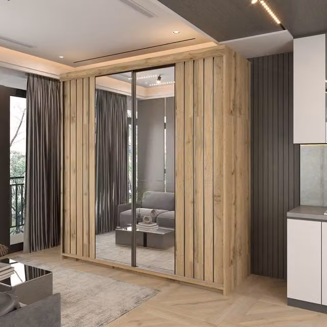 Sliding Wardrobes 4U Monali Modern Sliding Door Wardrobe in Light Brown, W/H: 200 x 217 cm