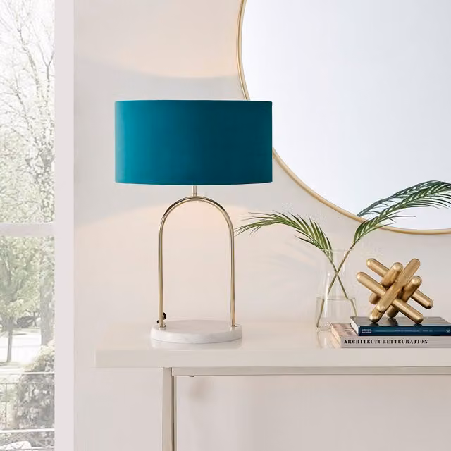 FurnitureboxUK Danielle Table Lamp with Teal Fabric Shade and Brass and Marble Base