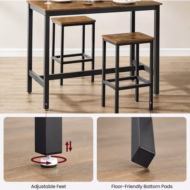 VASAGLE Industrial Bar Table Set with 2 Stools, Black and Brown, W/D/H: 120 x 60 x 90 cm