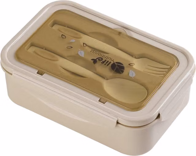 Livingandhome Portable Plastic Lunch Box with Dividers, Compartments and Cutlery in Beige or Green