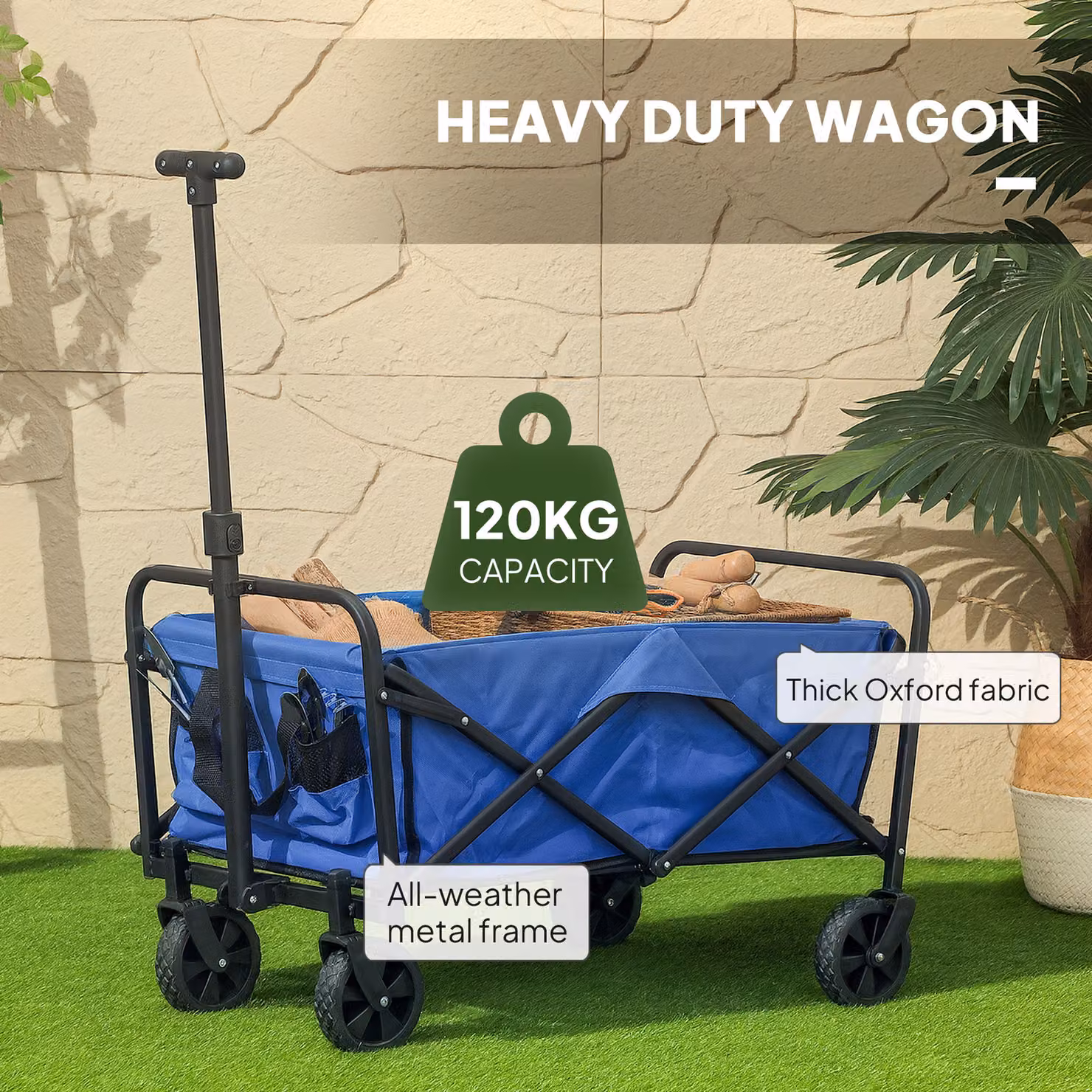 Outsunny 62L Festival Trolley on Wheels, Heavy Duty Collapsible Garden Folding Wagon with Adjustable Handle and Carrying Bag, Blue – 4