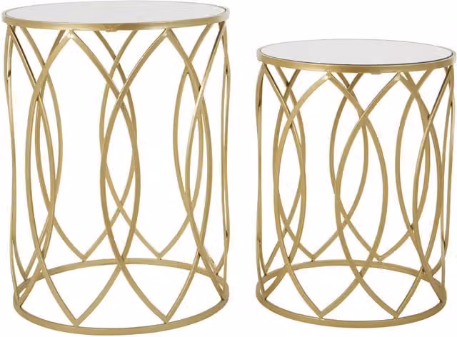 Orsina Set of 2 Gold Nesting Round Side Tables with Mirrored Glass Tops and Metal Frames