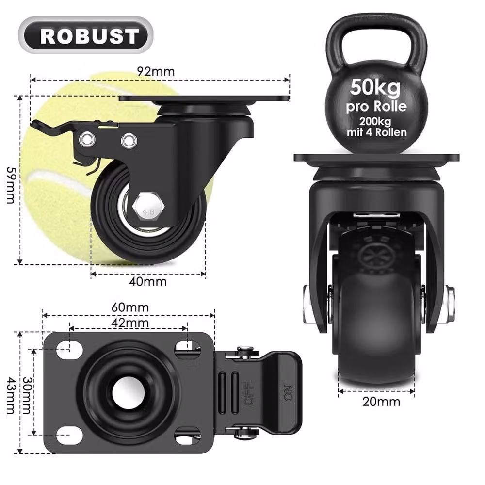 NESTLUNE Set of 4 Heavy Duty Black Steel Swivel Castor Wheels with 40mm Plate – 2