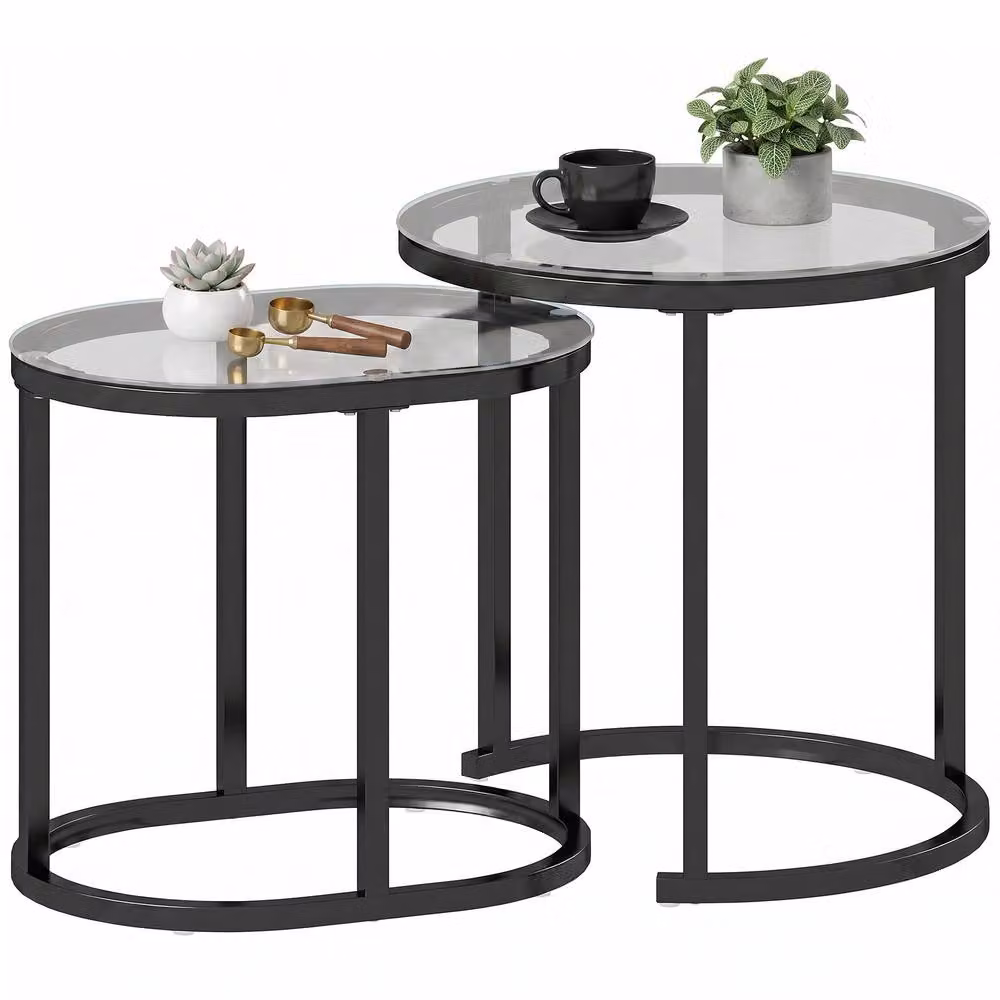 HOMCOM Set of 2 Modern Round Coffee Tables with Black Metal Frames and Transparent Tempered Glass Tops – 2