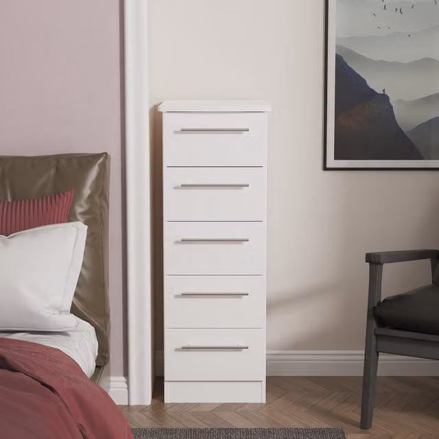 Sherwood Ready Assembled 5 Drawer Bedside Cabinet in White Matt