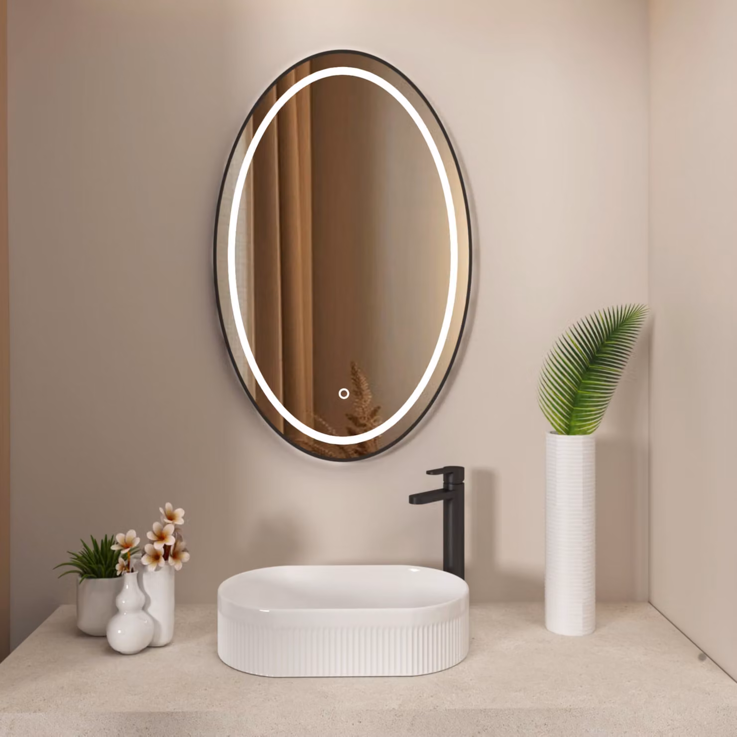 Royal Bathrooms Capri Oval LED Illuminated Framed Mirror in Matt Black with Demister Pad and Touch Sensor, W: 50 cm, H: 80 cm