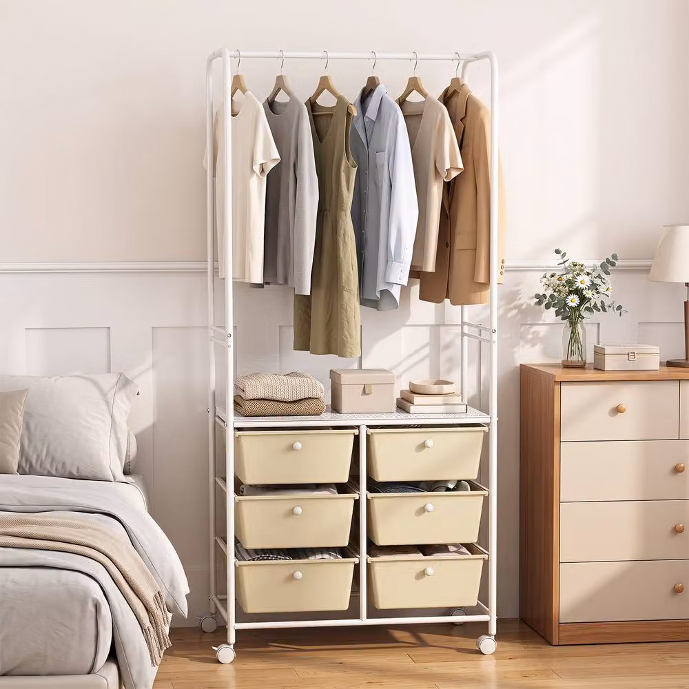 Costway White Metal Clothing Rack with 6 Drawers and Storage Shelf – 2