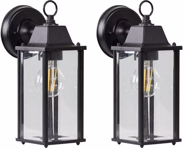 First Choice Lighting Chatham Set of 2 Black and Transparent Glass Outdoor Wall Lantern Lights