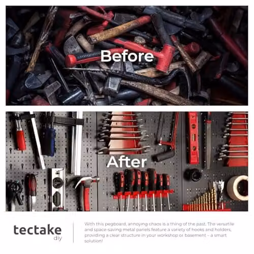 tectake 5-Panel Metal Pegboard Wall-Mounted Tool Organiser with Hooks and Holders in Black and Red – 5