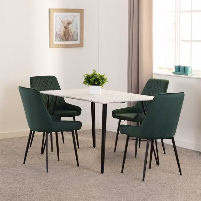Seconique Marlow and Avery Modern Rectangular Dining Set with White Marble Effect Table and Emerald Green Velvet Chairs
