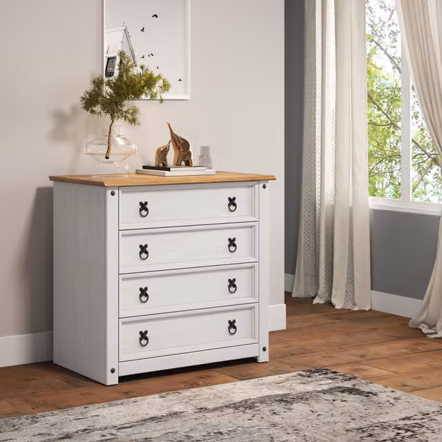 Mercers Furniture Corona Small 4 Drawer Chest of Drawers in Distressed White Waxed Solid Pine