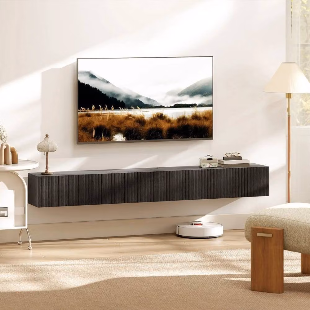 EONLION Black Wall Mount TV Stand Cabinet with Fluted Flip Design – 2