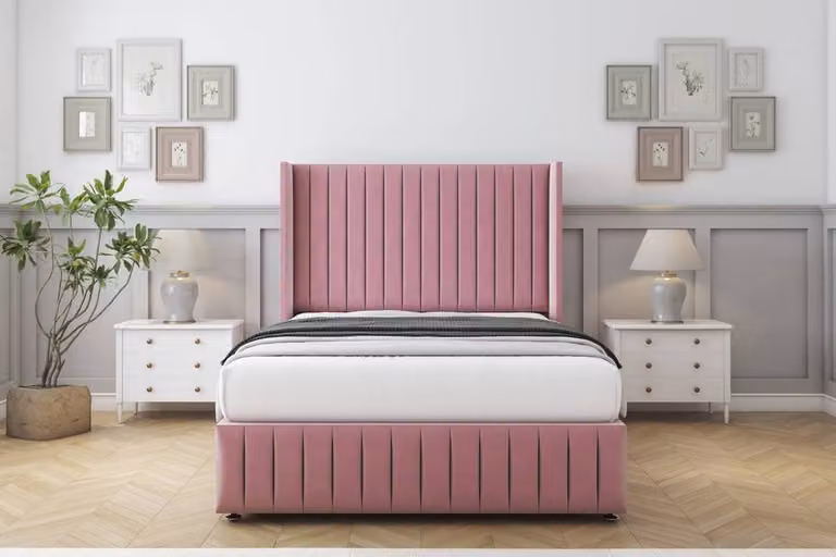 Sloomy Marlborough Plush Divan Set in Pink with Wingback Headboard and Footboard, W/D/H: 120 x 200 cm