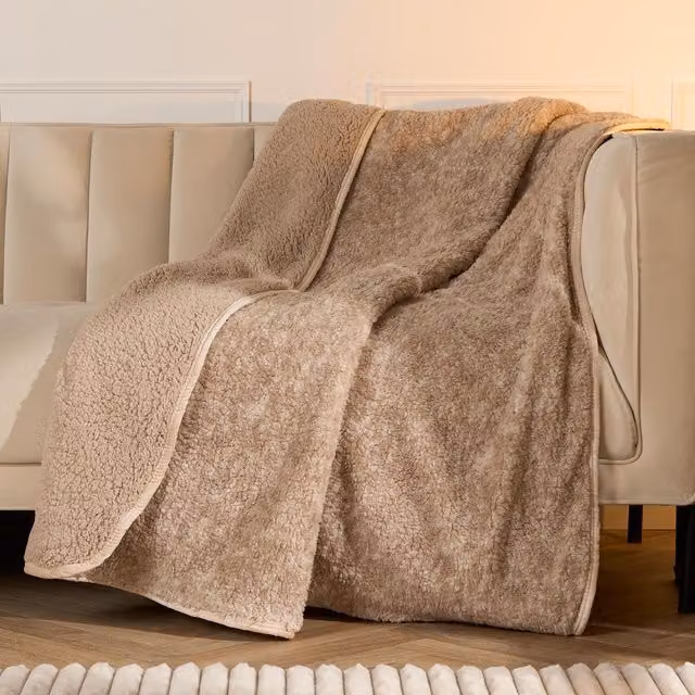 OHS Fluffy Fleece Throw Blanket in Beige and Yellow