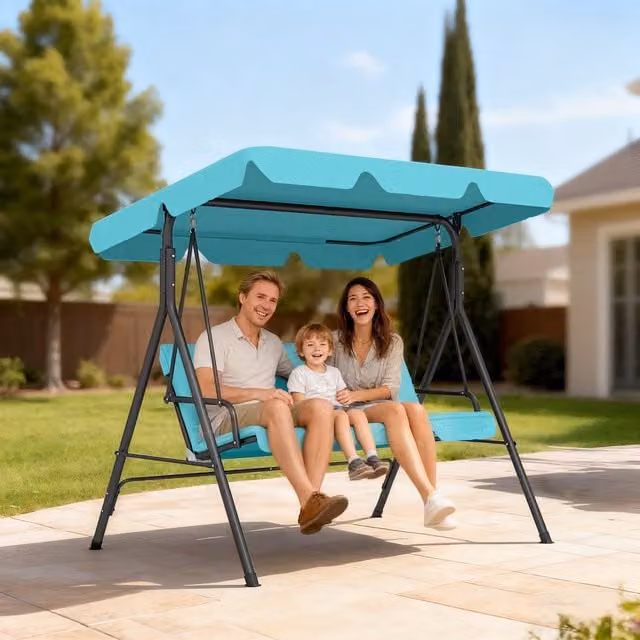 Outsunny 3 Seater Swing Chair with Adjustable Canopy in Blue Striped Fabric