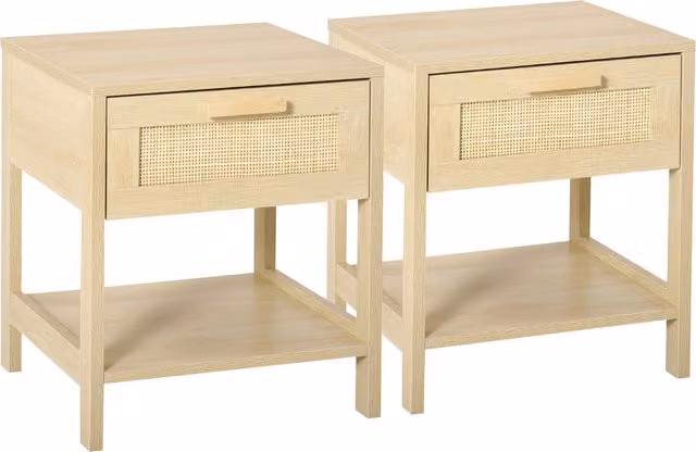 HOMCOM Set of 2 Rustic Bedside Tables with Rattan Drawers and Storage Shelves, Brown – 1