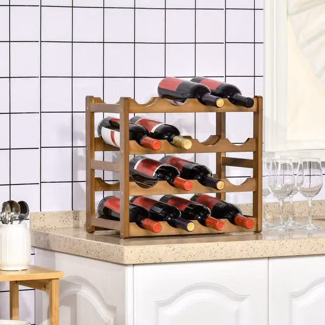 HOMCOM Free Standing Bamboo Wine Rack with 16 Bottle Holder in Brown – 1