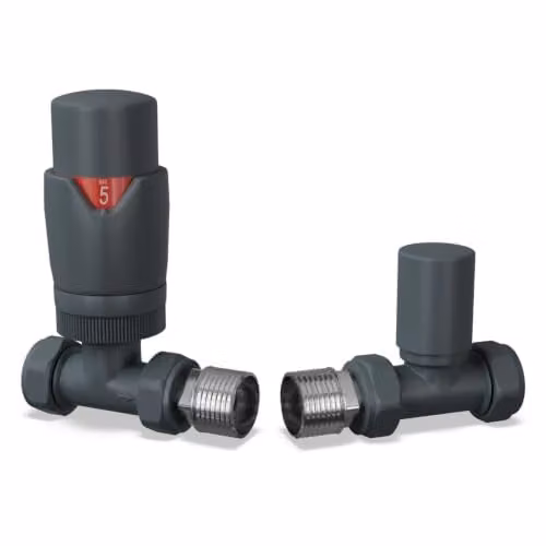 UK Radiators Solid Brass Thermostatic Radiator Valve Set in Anthracite, 1/2" x 15mm