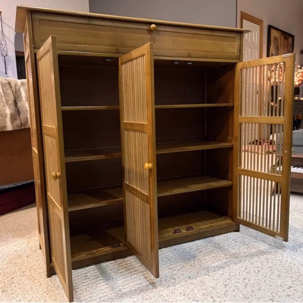 KORVIXA Modern Brown Bamboo Shoe Rack Cabinet with Roll Shutter Doors and Internal Drawers – 3