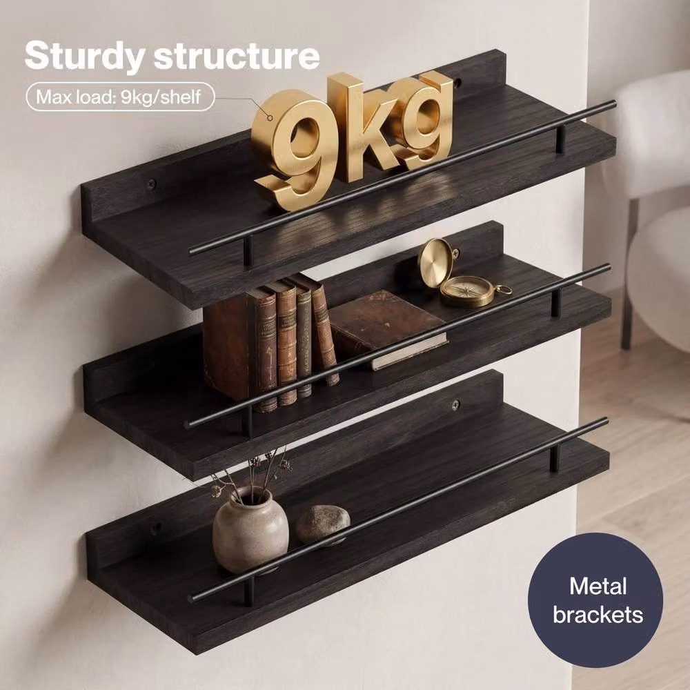 VOGREX Set of 3 Black Matt Wooden Wall Mounted Floating Storage Shelves – 2