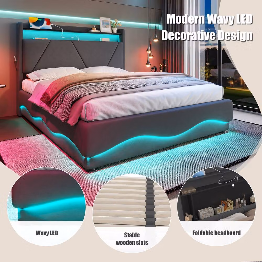 Matteo Modern Upholstered Double Bed in Grey Velvet with LED Headboard, Storage and USB Charging Ports, W/D/H: 140 x 200 cm – 4