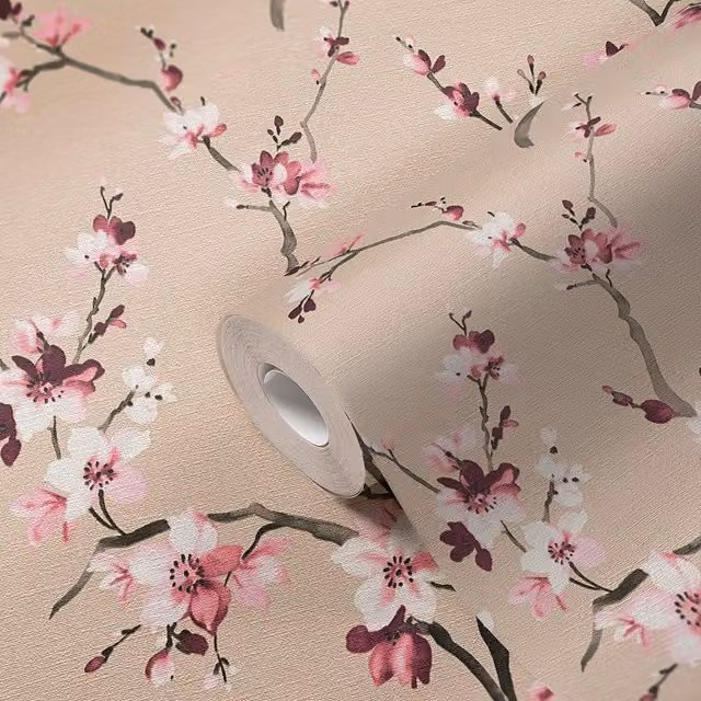 A.S. Création Oriental Floral Blossom Non-Woven Vinyl Wallpaper in Beige, Pink and White