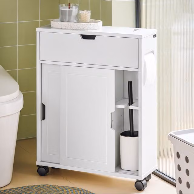 SoBuy White Bathroom Toilet Paper Storage Cabinet with Sliding Doors and Internal Shelves