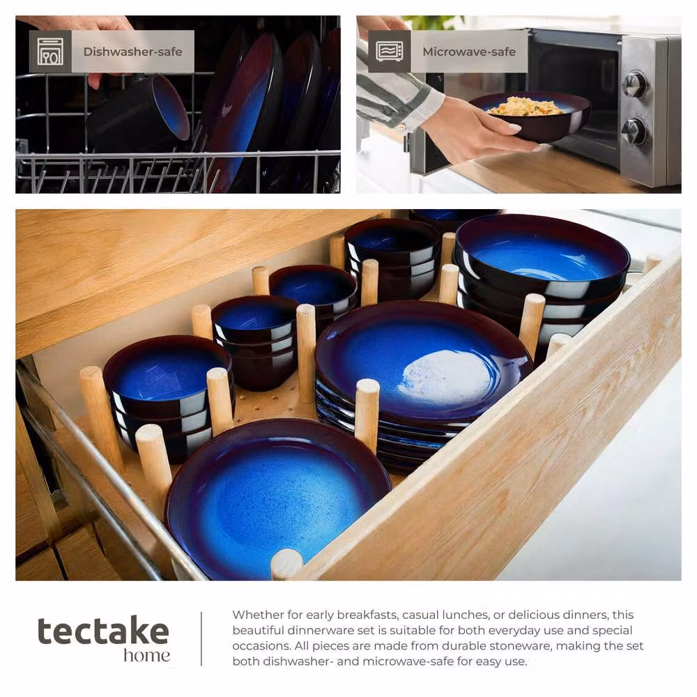 tectake Mare Blue Glazed Stoneware Dinner Set for 6 People – 6