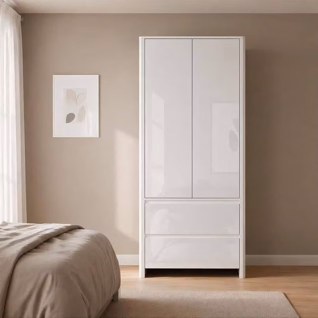 Home Source Ardenza High Gloss 2 Door Wardrobe with 2 Drawers and Hanging Rail in White, H 180 cm x W 80 cm x D 50 cm