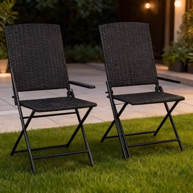 ERGOVEXA Set of Two Black Folding Polyrattan Garden Chairs with Armrests and Textilene Seats