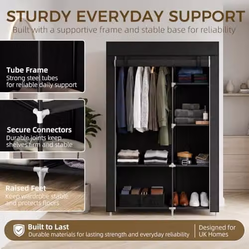 HOMCOM Black Fabric Wardrobe with Hanging Rail and Internal Shelves W/D/H: 103 x 43 x 162.5 cm – 4