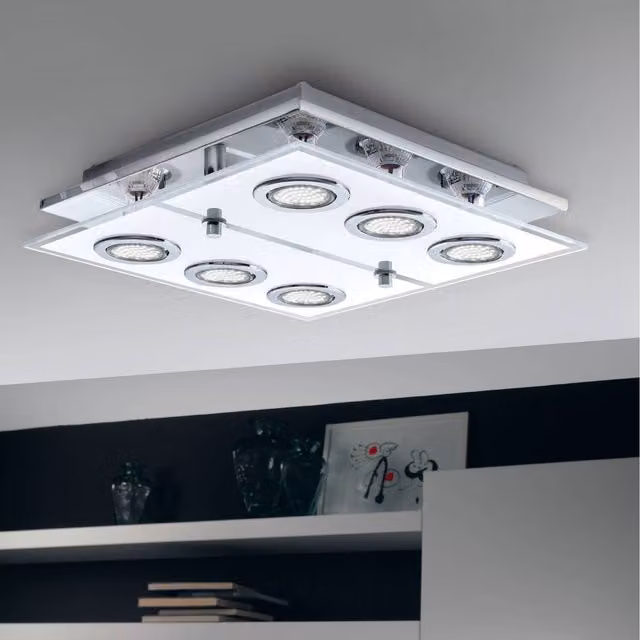 Eglo Cabo Square LED Ceiling Light in Chrome and White Satin Glass, Grey, Diameter: 34 cm
