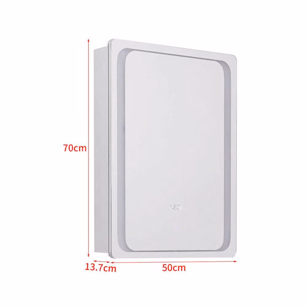 Living and Home O-Shaped LED Anti-Fog Bathroom Storage Mirror Cabinet with Sensor Switch and Clock in Silver – 2