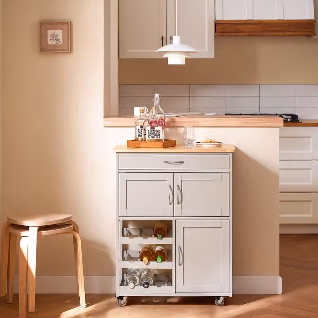 SoBuy Modern Kitchen Trolley Storage Cart with Wine Rack in Grey and White