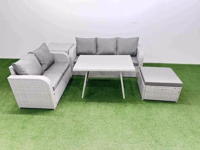 Fimous Rectangular Dining Table and Sofa Set with Large Stool and Side Table in Light Grey