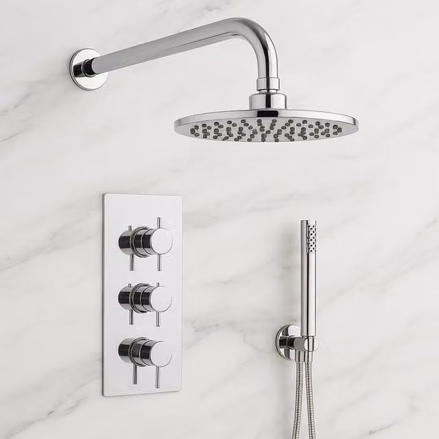 Bathroom Kingdom Avon Chrome Round Thermostatic Shower Set with 250mm Overhead Shower, Hand Shower and Rigid Column in Silver
