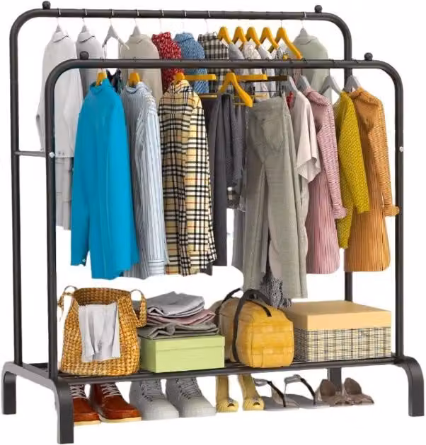 Modcraft Heavy Duty Double Rail Clothes Rack in Matt Black with Shelf, W/D/H: 150 x 54.5 x 110 cm