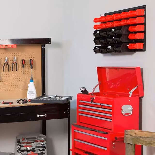 Tectake Wall Mounted Plastic Storage Bins Set of 2 with Pegboards, Black and Red
