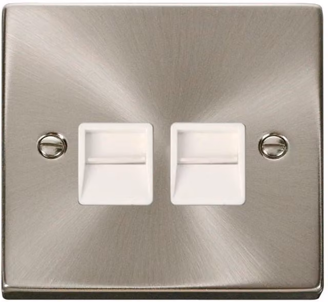 SE HOME Satin Brushed Chrome Secondary Telephone Twin Socket with White Plate