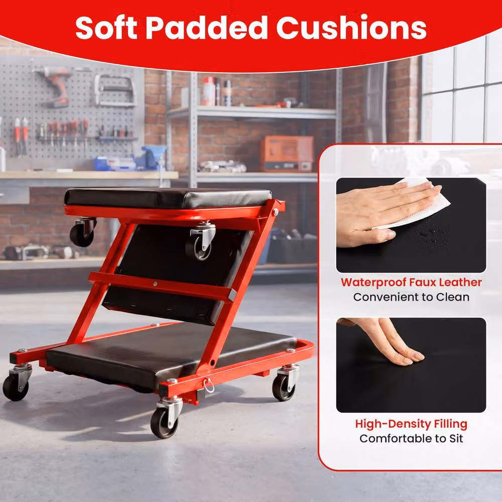 Costway 2-in-1 Rolling Folding Creeper Seat and Garage Chair, Red, 101.6 cm – 4