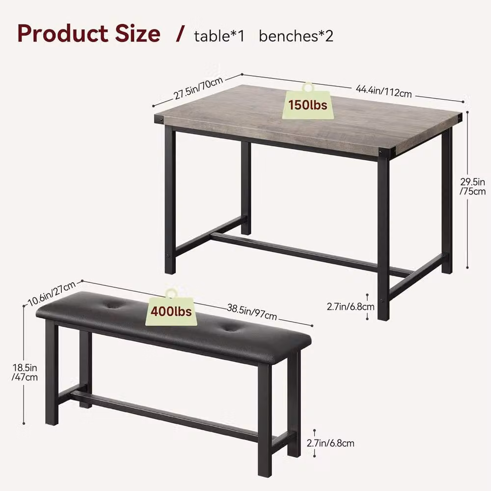 London Boutique 3-Piece Rectangular Dining Table Set with 2 Grey Upholstered Benches – 2