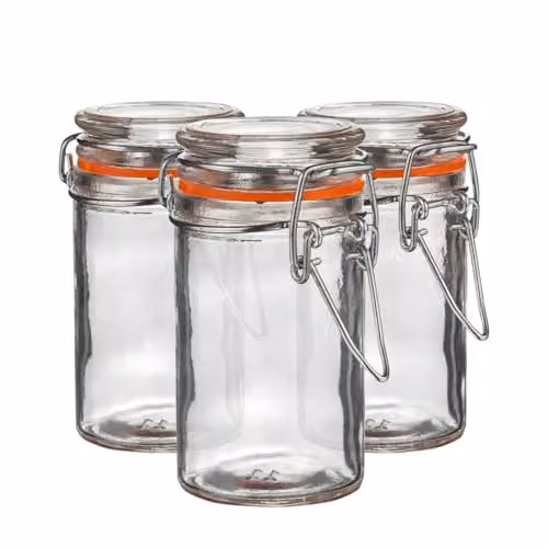 Argon Tableware Glass Spice Jars with Airtight Metal Clip Lids, Set of 3, 70ml, Transparent with Orange Seals