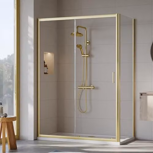 Balterley Ruwa Sliding Shower Suite with Rectangular Tray and 6mm Toughened Glass, Gold and White, W/D: 1400 x 700 mm – 4