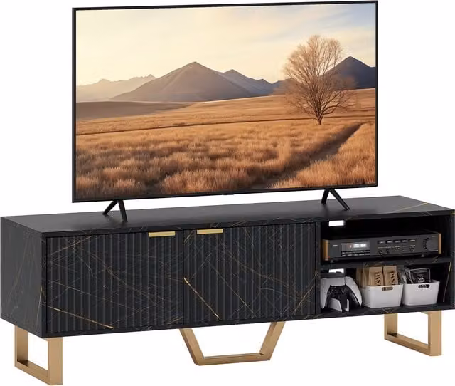 HOMCOM Modern Marble Effect TV Unit in Black and Gold with Fluted Doors and Storage Shelves, W: 140.0 cm, H: 47.0 cm, D: 20.7 cm
