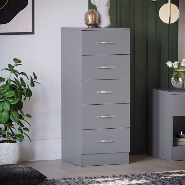 Vida Designs Riano 5 Drawer Narrow Chest of Drawers in Grey