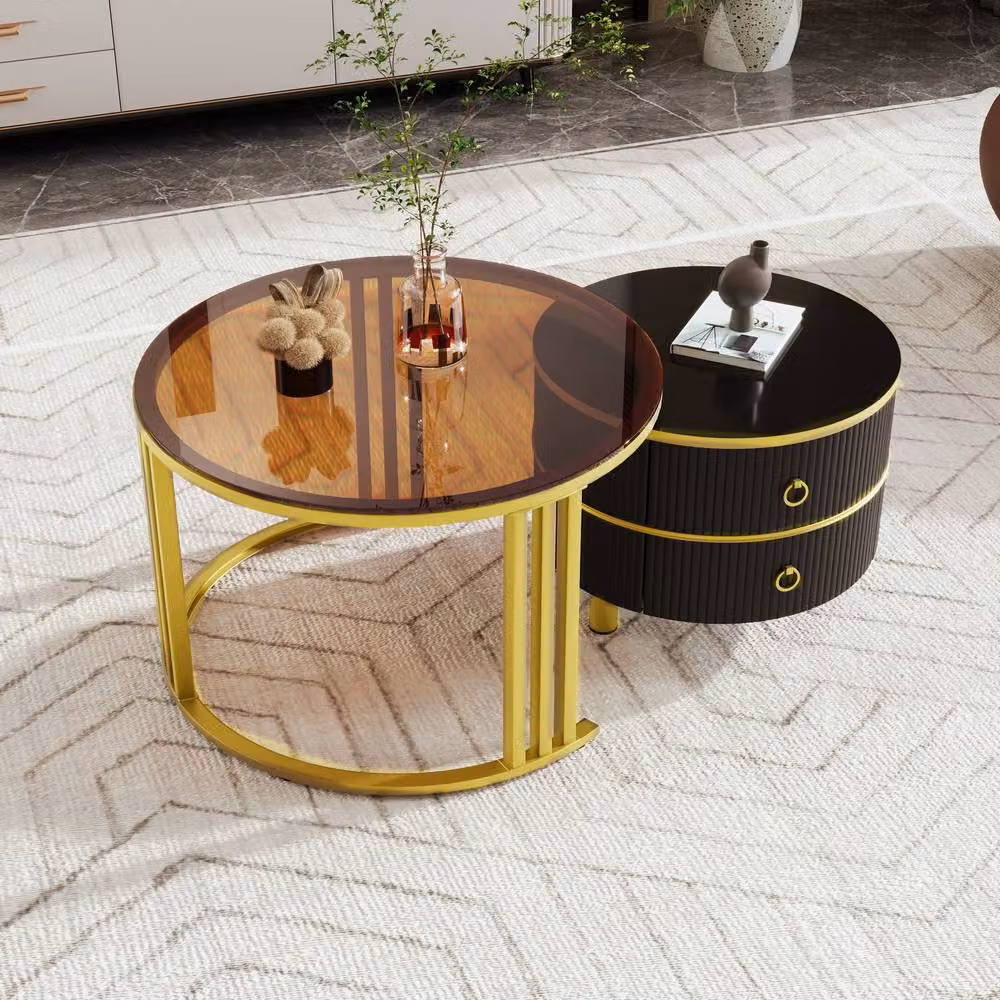 STILVORA 2 Piece Round Coffee Table Set with 2 Drawers in Brown and Black – 2