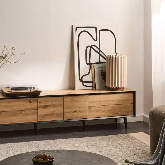 Wyld and Coco Industrial TV Stand in Light Brown MDF with 2 Doors, 4 Drawers and Metal Legs – 1