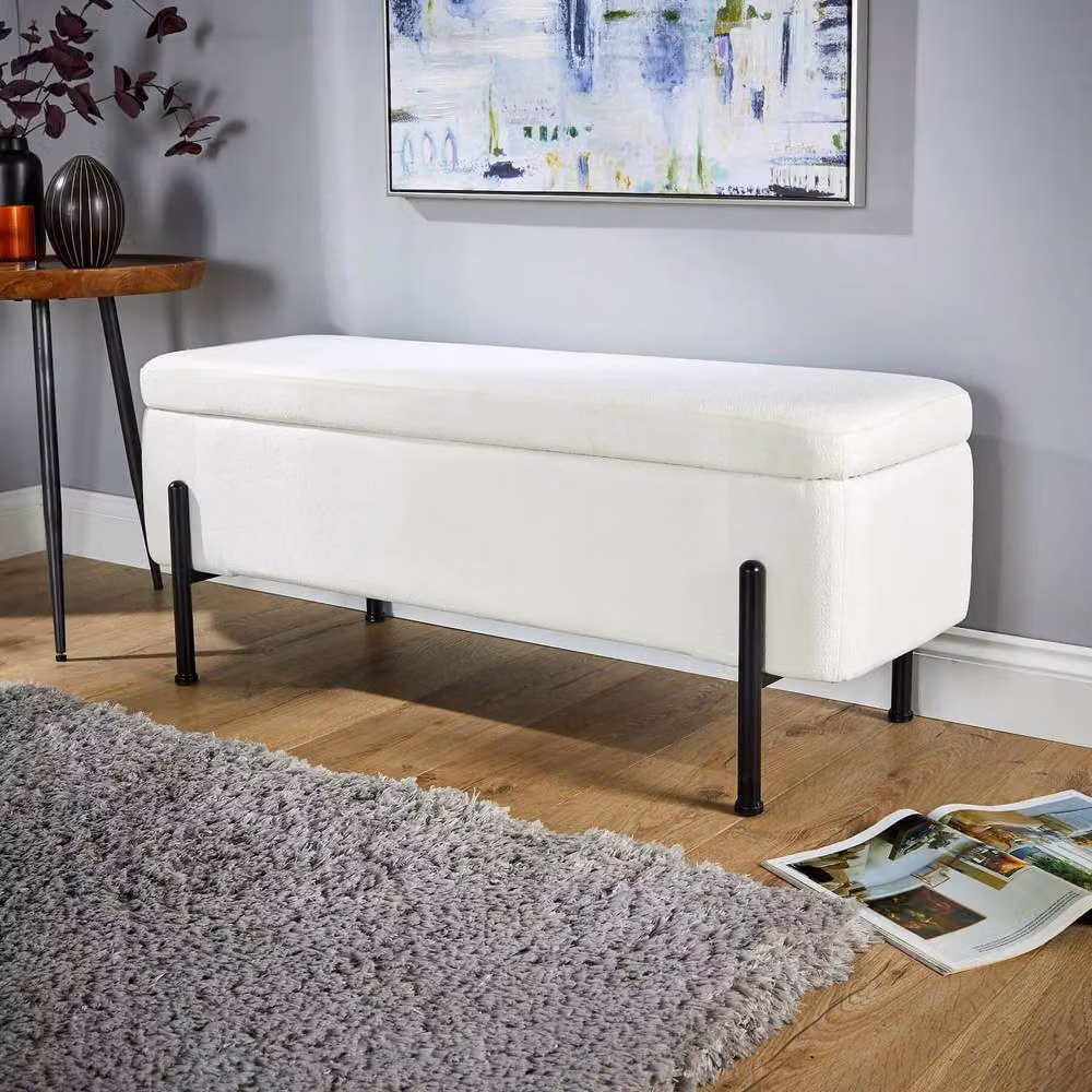Home Source White Boucle and Velvet Storage Ottoman Seat with Metal Legs – 2