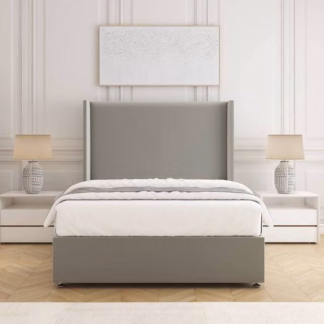 BSSPOKE Austin Super King Divan Bed Set with 54 inch Headboard and Mattress in Silver Plush Velvet, W/D/H: 200 x 200 cm